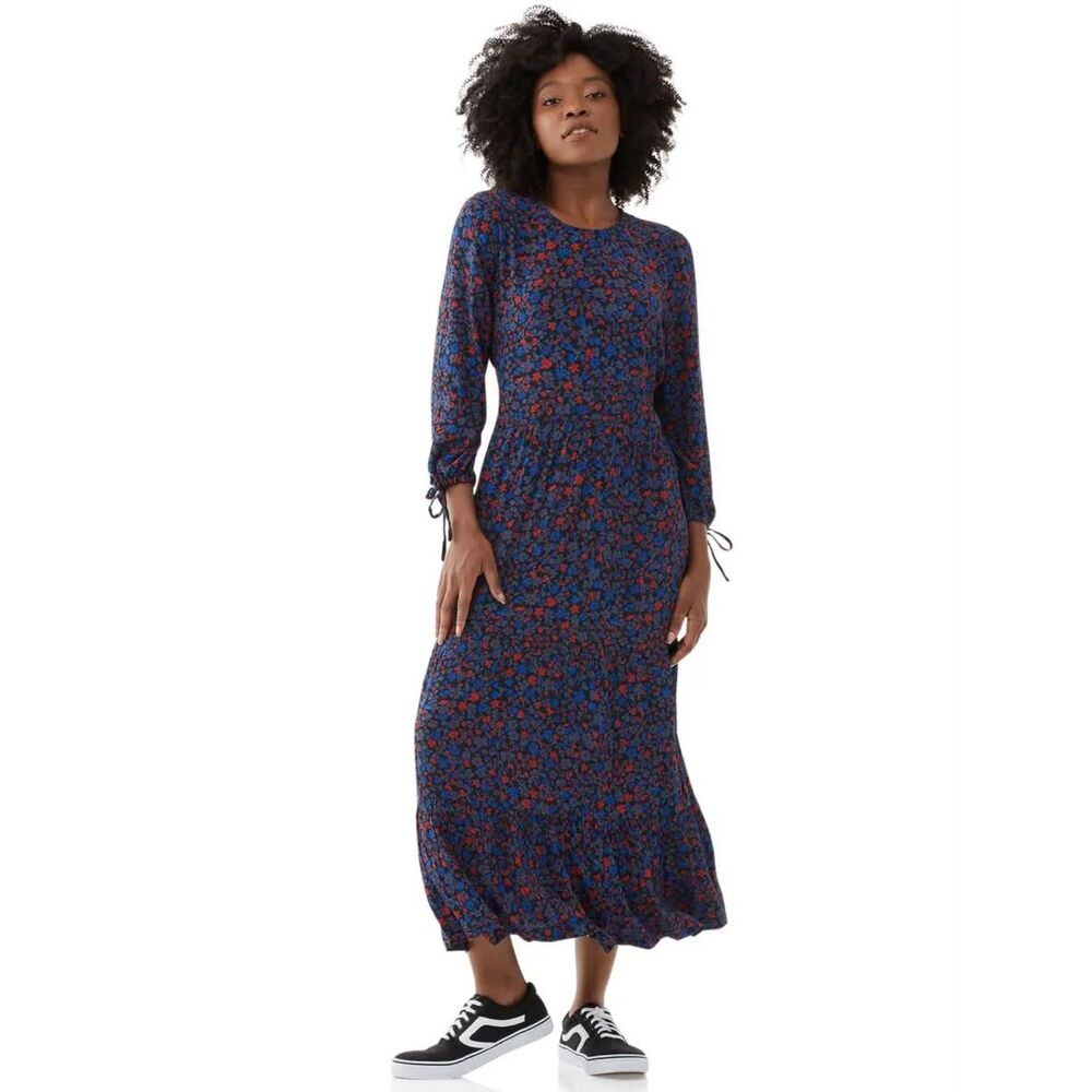 Free Assembly Hippie Peasant Floral Blue & Red Tiered Maxi Dress, size M